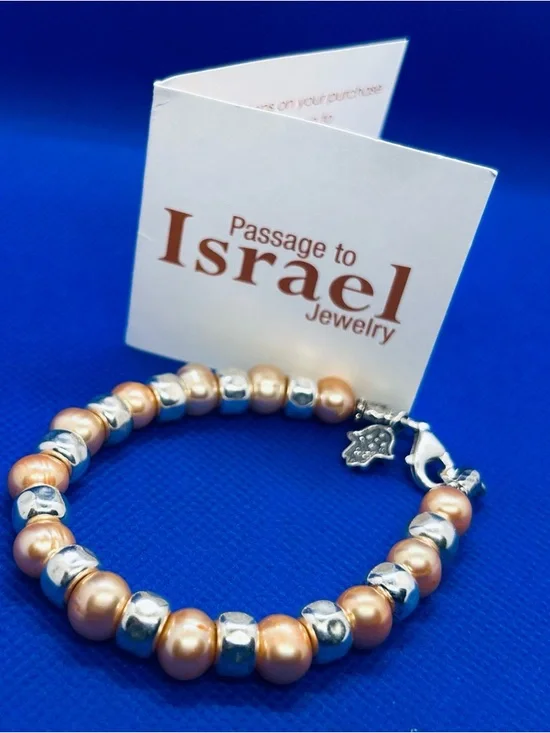 Sterling Silver Hamsa Peach Pearl Bracelet by Passage to Israel - Picture 6 of 7